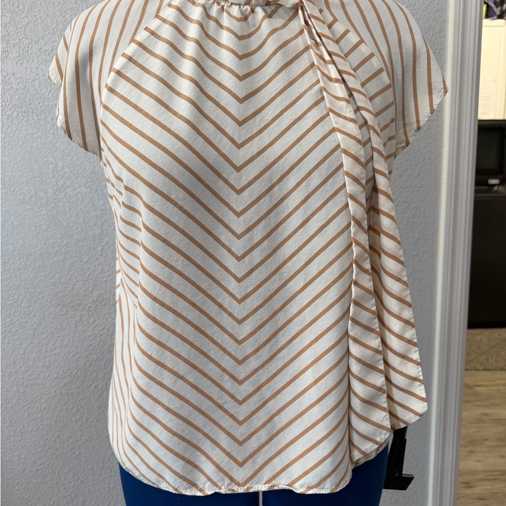 Talbots Cream and Tan Chevron Short Sleeve Blouse
